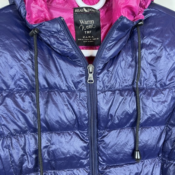 Zara TRF Warm Wear Ultralight Down Full Zip Deep Blue Hoodie Womens Size Medium - Picture 3 of 12